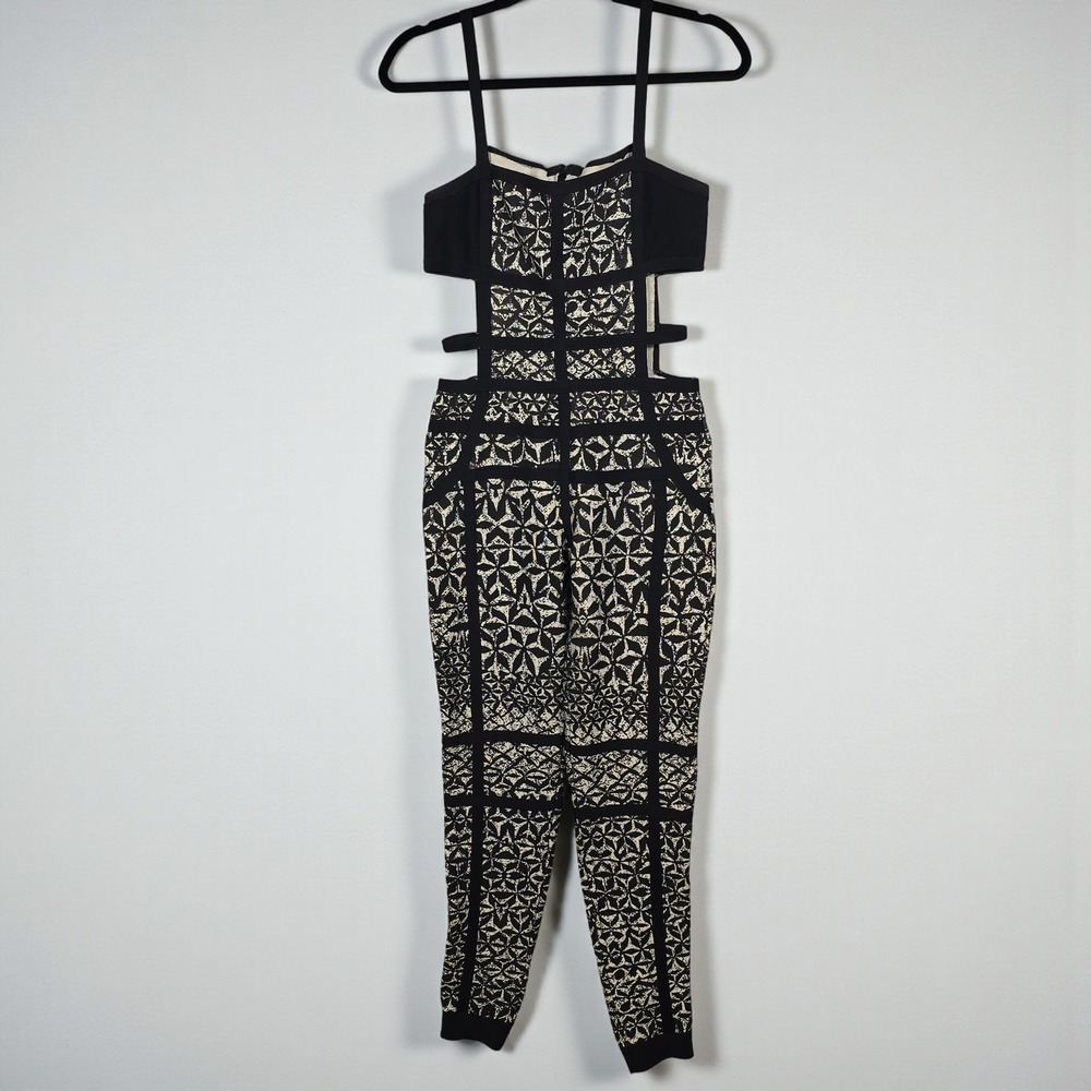 Bandage Jumpsuit Woman Large Black and‎ White Geometric Cutout Spaghetti Straps